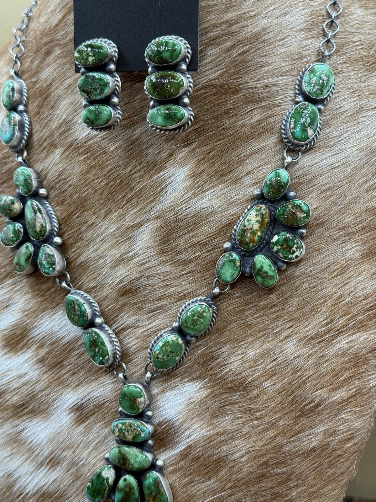Navajo Handmade Sterling Silver Sonoran Gold Turquoise Cluster Necklace Set 20”