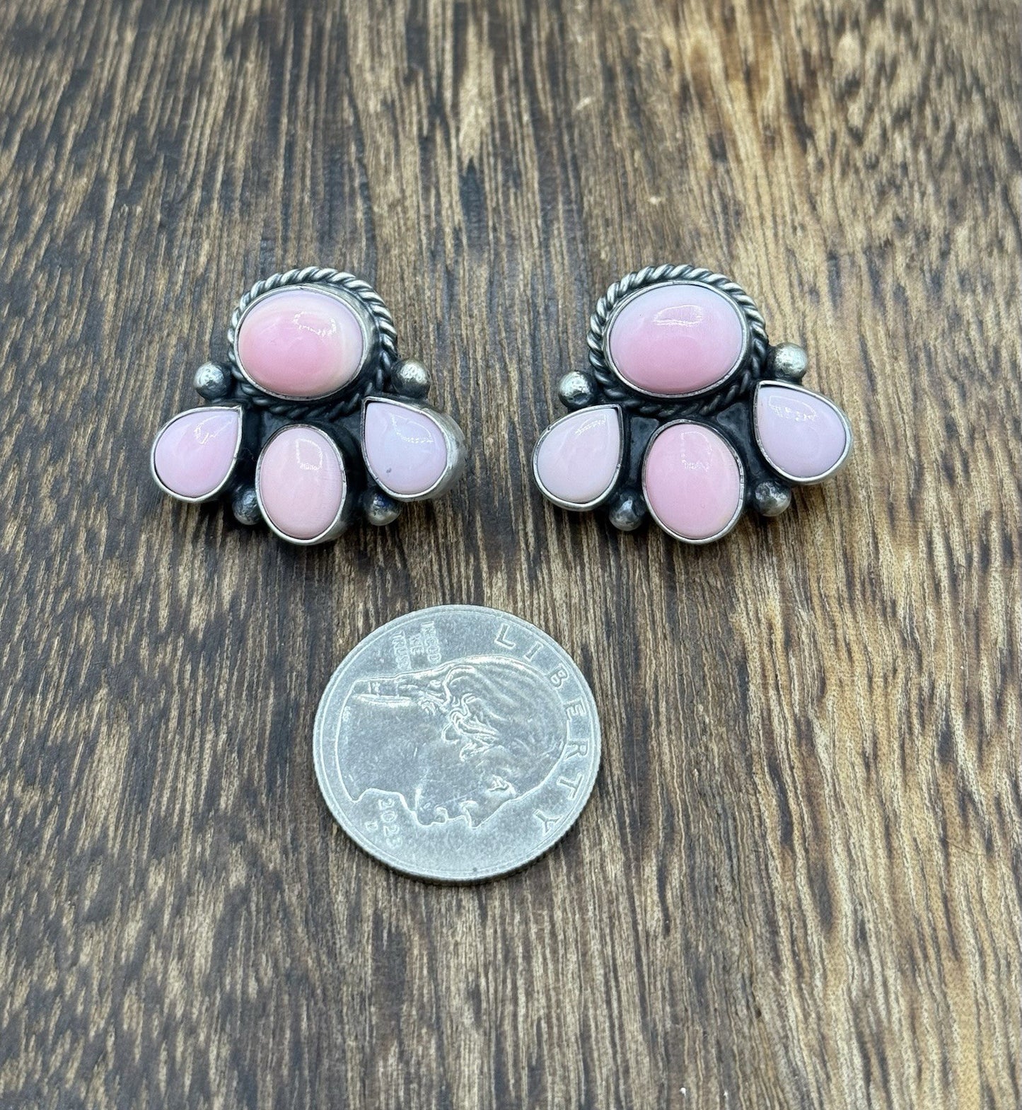 Native Navajo Handmade Sterling Silver Pink Conch Shell Cluster Earrings