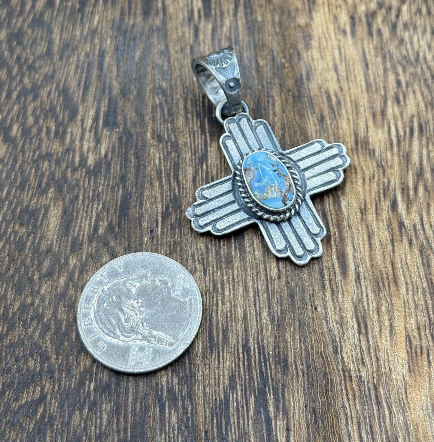 Navajo Handmade Sterling Silver Old Look Golden Hills Turquoise Zia Pendant