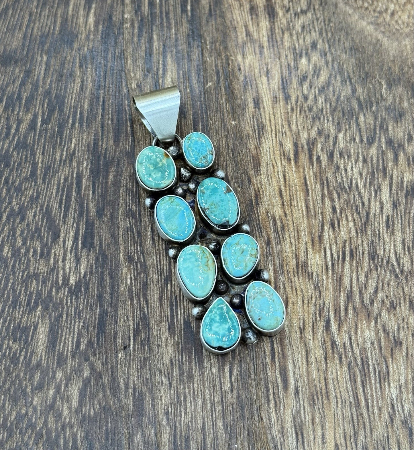 Native Navajo Handmade Sterling Silver Kingman Turquoise Cluster Drop Pendant