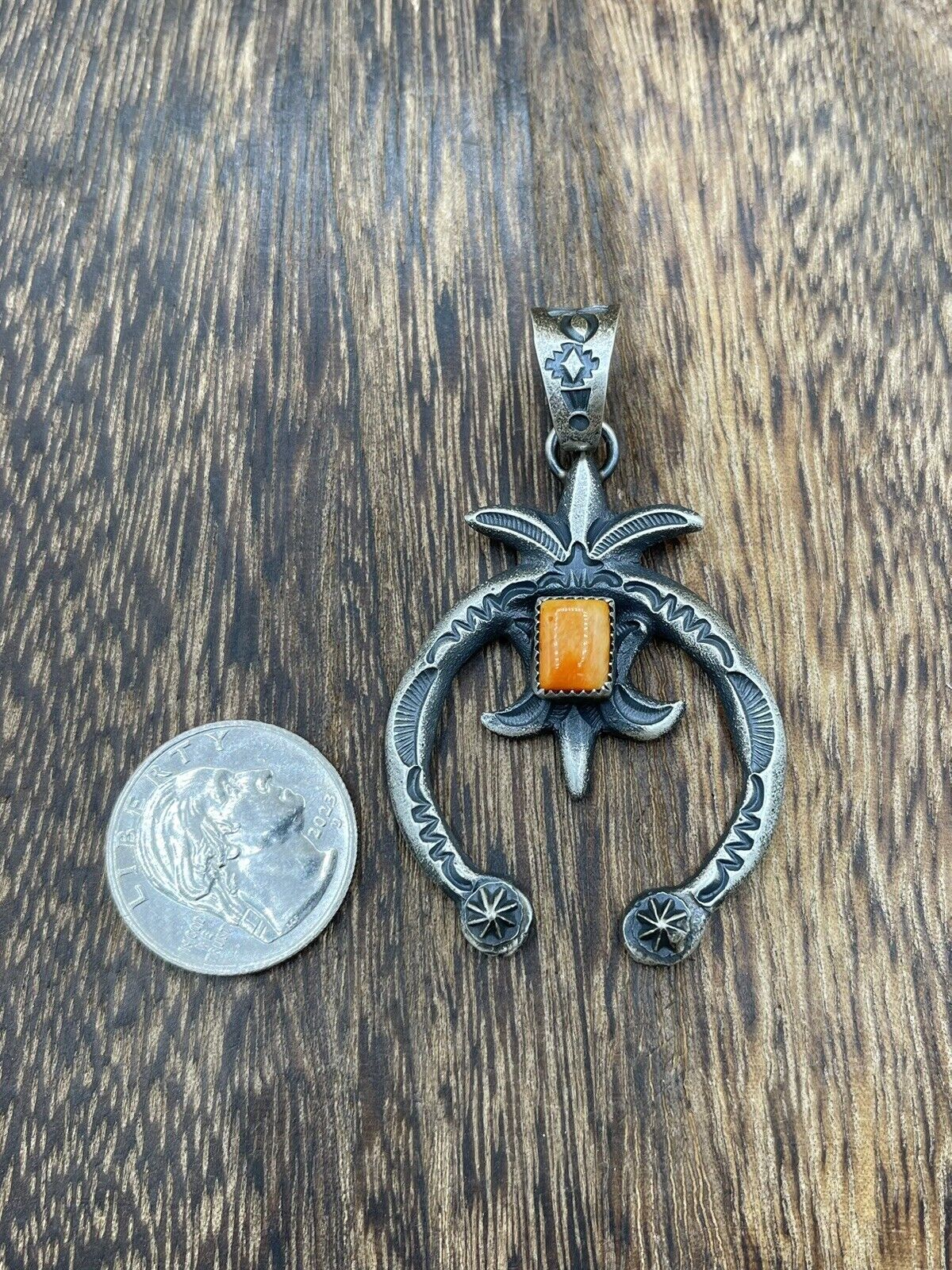 Native American Indian Navajo Handmade Silver Old Look Spiny Oyster Naja Pendant