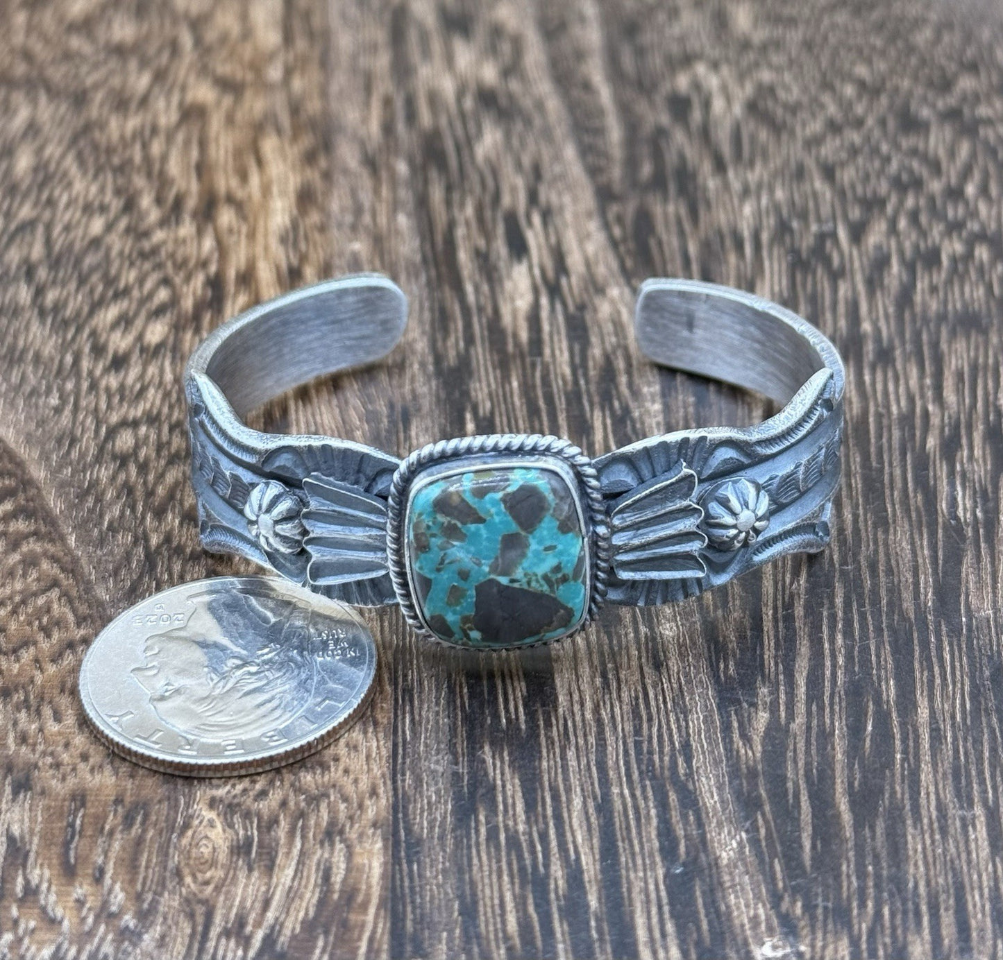 Navajo Handmade Sterling Silver Royston Turquoise Old look Cast Bracelet