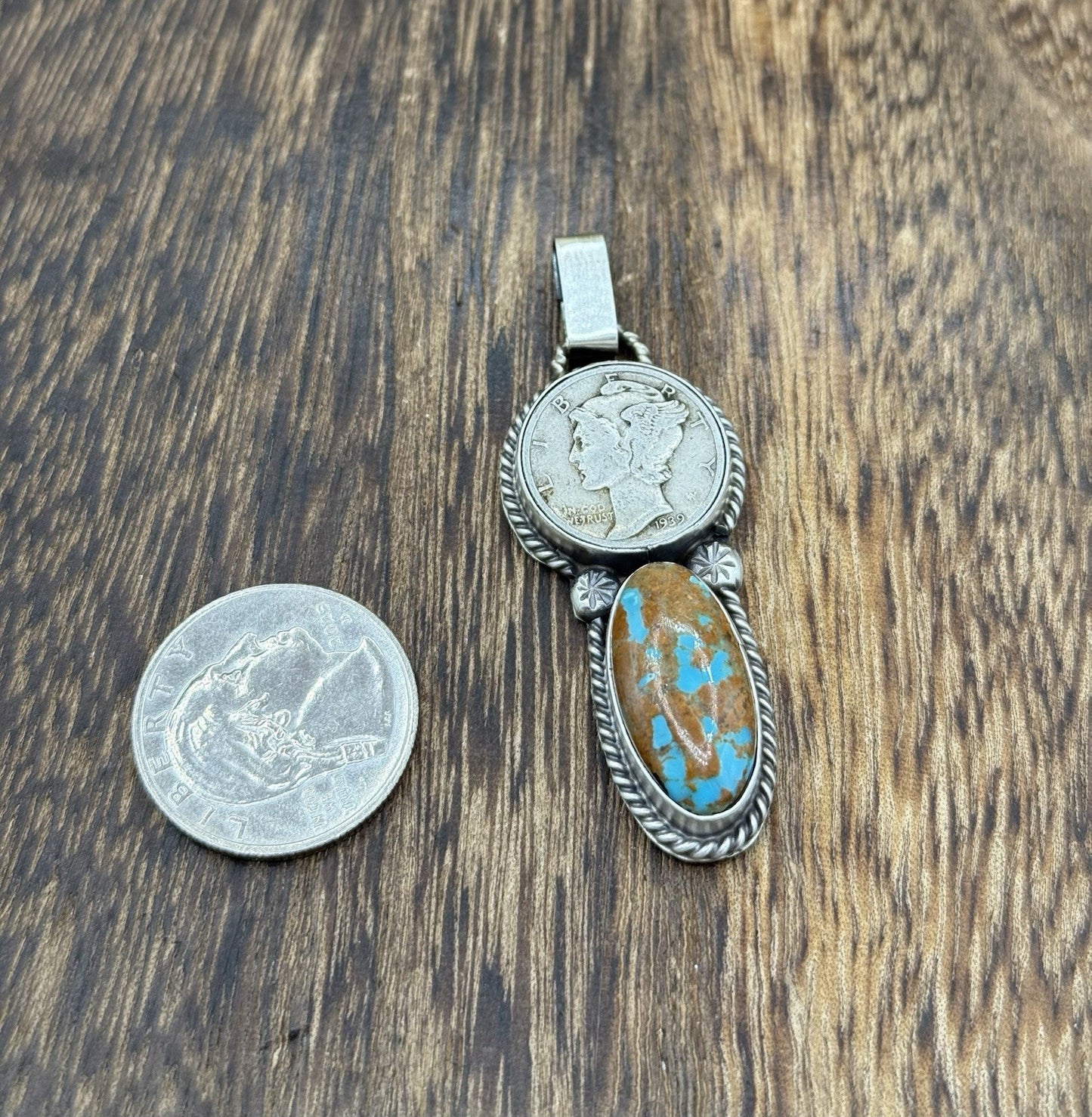 Navajo Handmade Sterling Silver Royston Turquoise Liberty Dime Coin Pendant