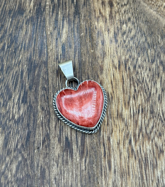 Navajo Handmade Sterling Silver Red Spiny Oyster Shell Heart Shaped Pendant