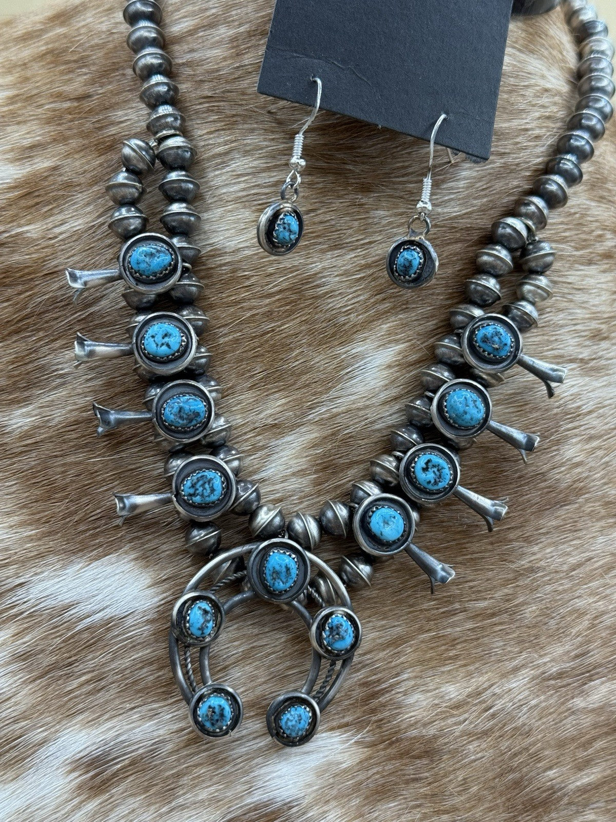 Navajo Handmade Sterling Silver Turquoise Shadowbox Squash Blossom Necklace 17”