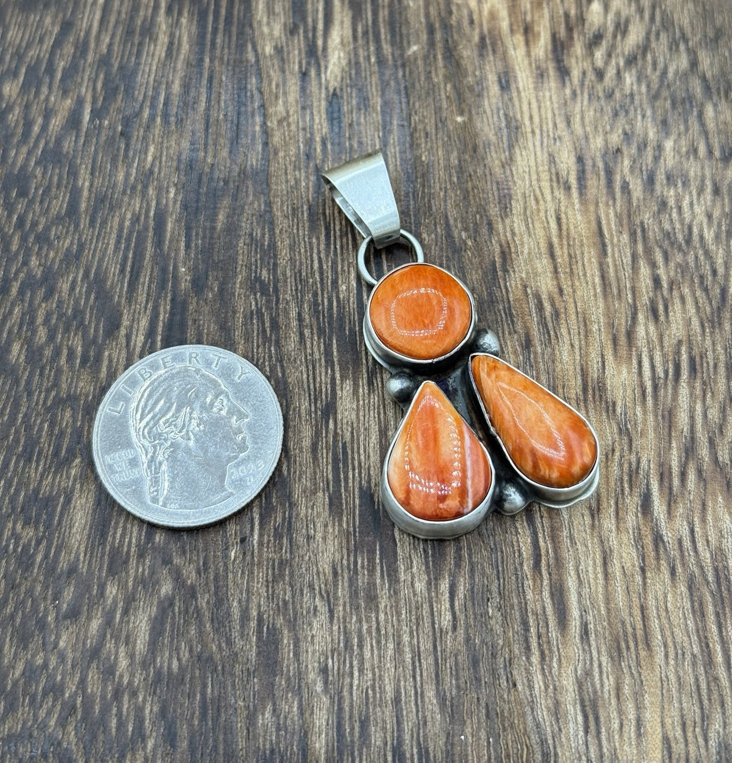 Navajo Handmade Sterling Silver Orange Spiny Oyster Shell Cluster Drop Pendant
