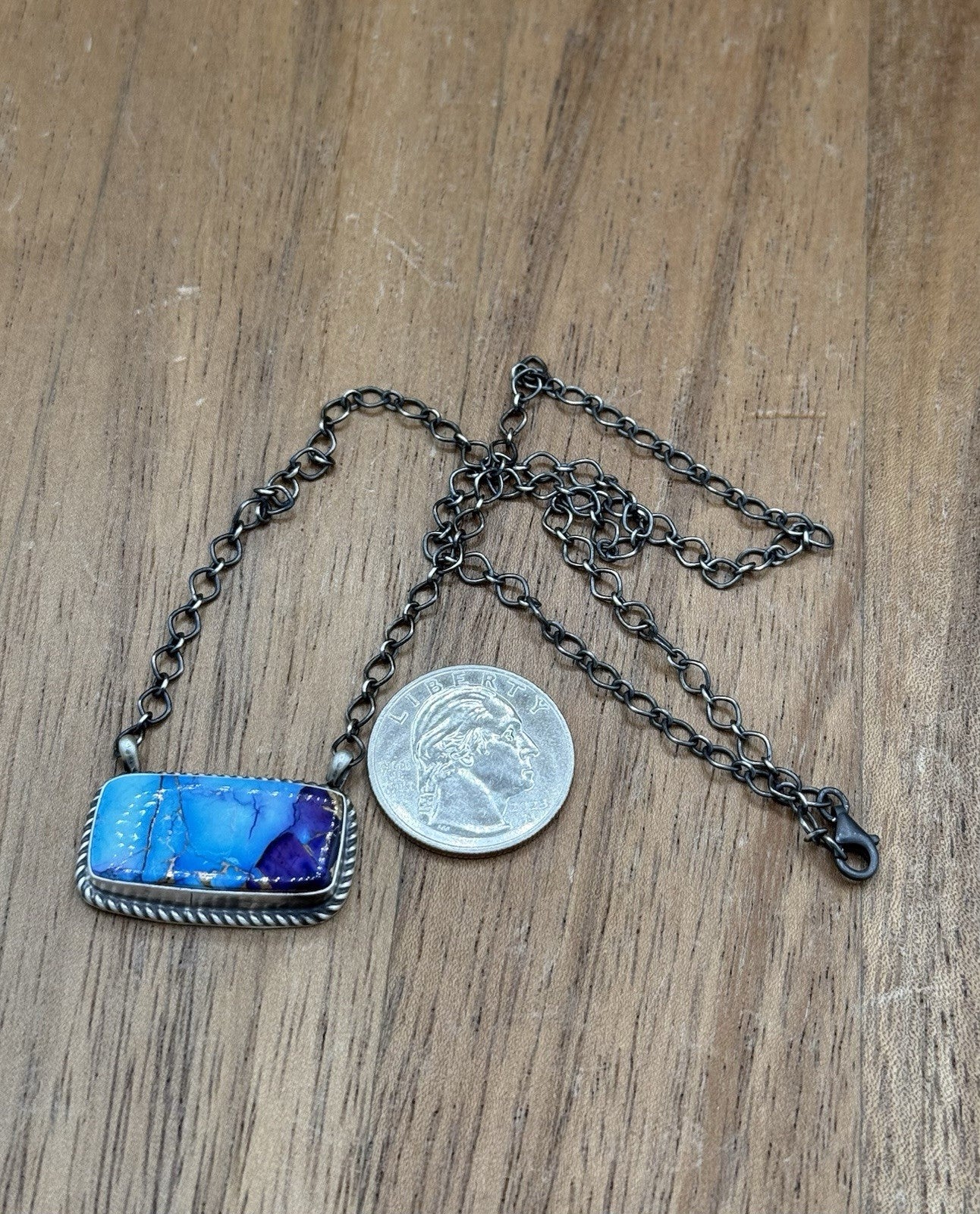 Navajo Handmade Sterling Silver Violet Rose & Blue Dahlia Bar Necklace 18”