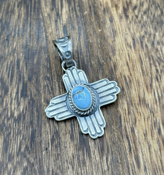 Navajo Handmade Sterling Silver Old Look Golden Hills Turquoise Zia Pendant