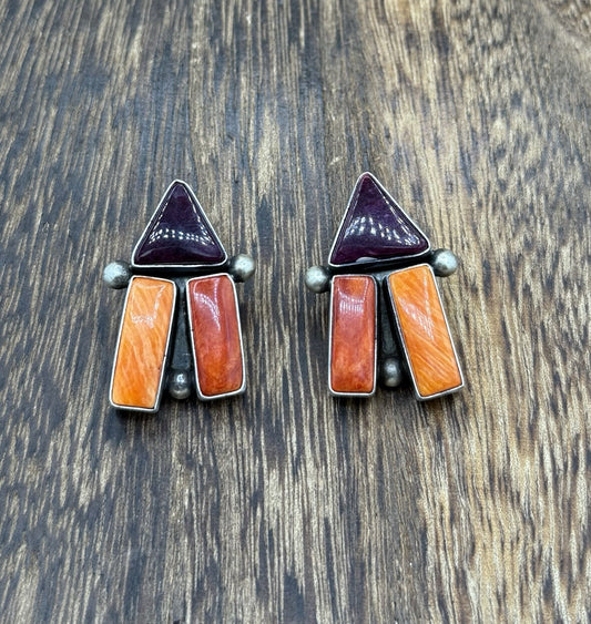 Navajo Handmade Sterling Silver Multi Spiny Oyster Shell Post Cluster Earrings