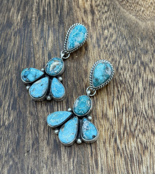 Navajo Handmade Sterling Silver Blue Bird Turquoise Cluster Post Dangle Earrings
