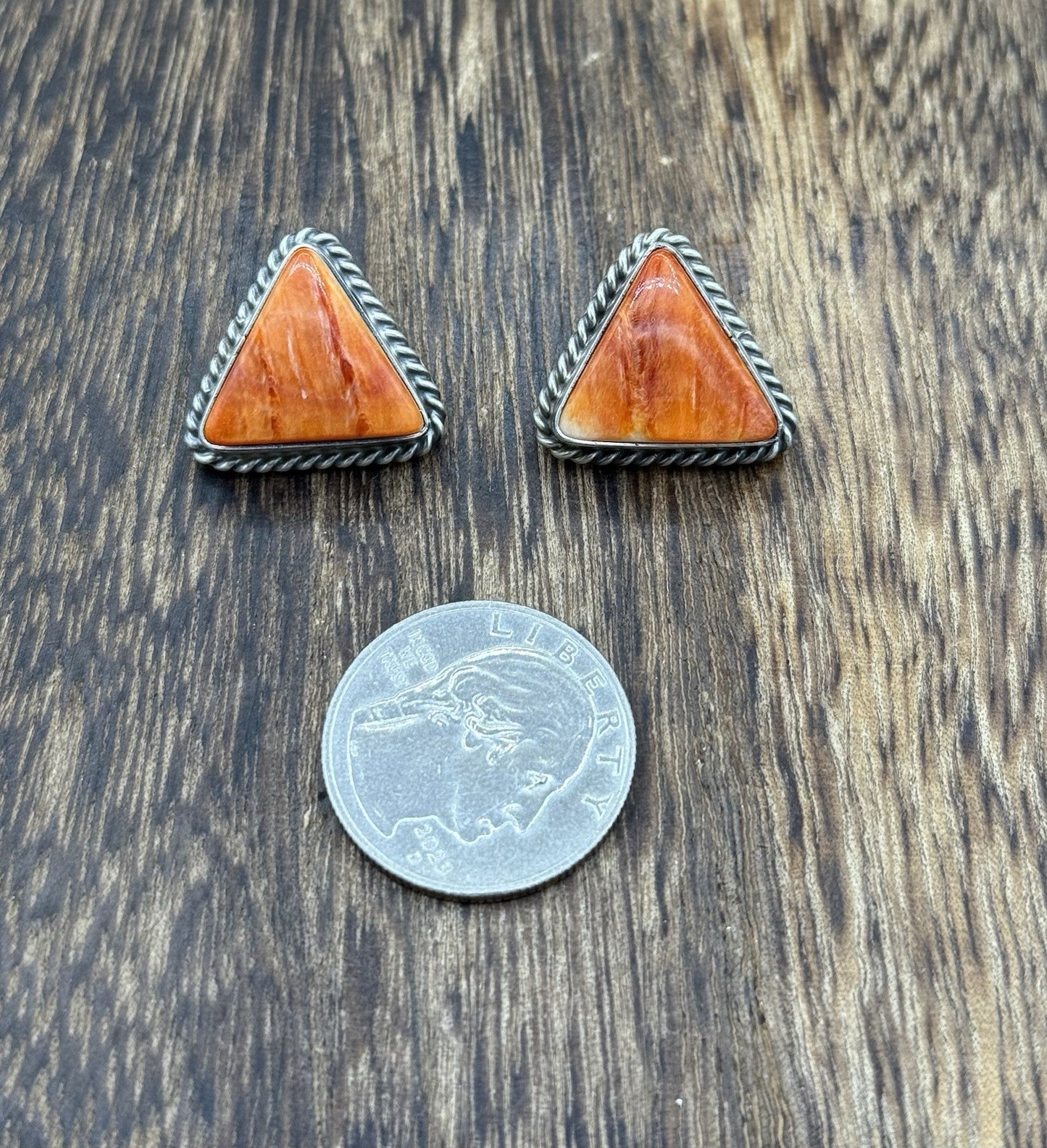 Native Navajo Handmade Sterling Silver Orange Spiny Oyster Shell Stud Earrings