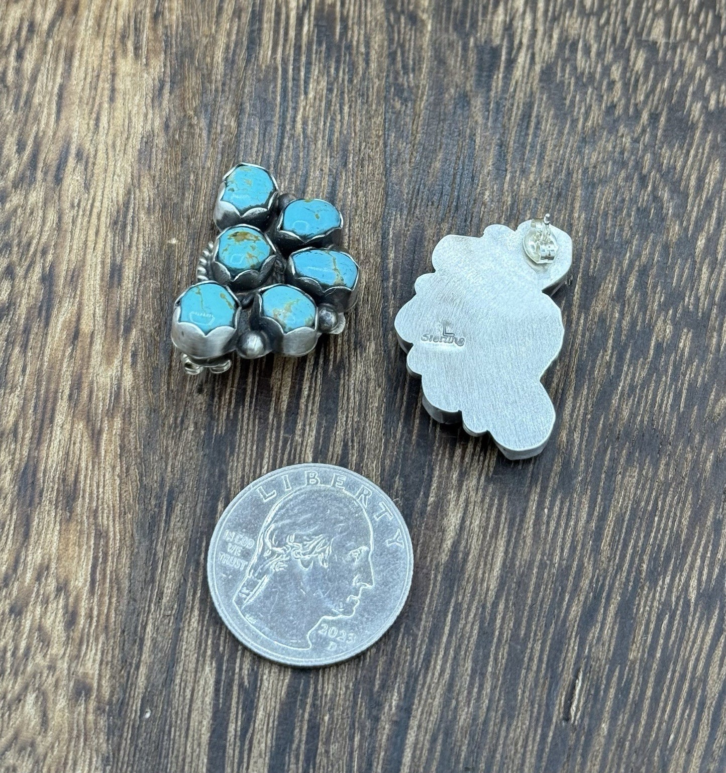 Navajo Handmade Sterling Silver Kingman Turquoise Half Cluster Post Earrings