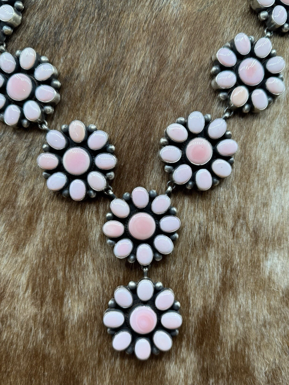 Navajo Handmade Sterling Silver Pink Conch Cluster Lariat Dangle Necklace 24”