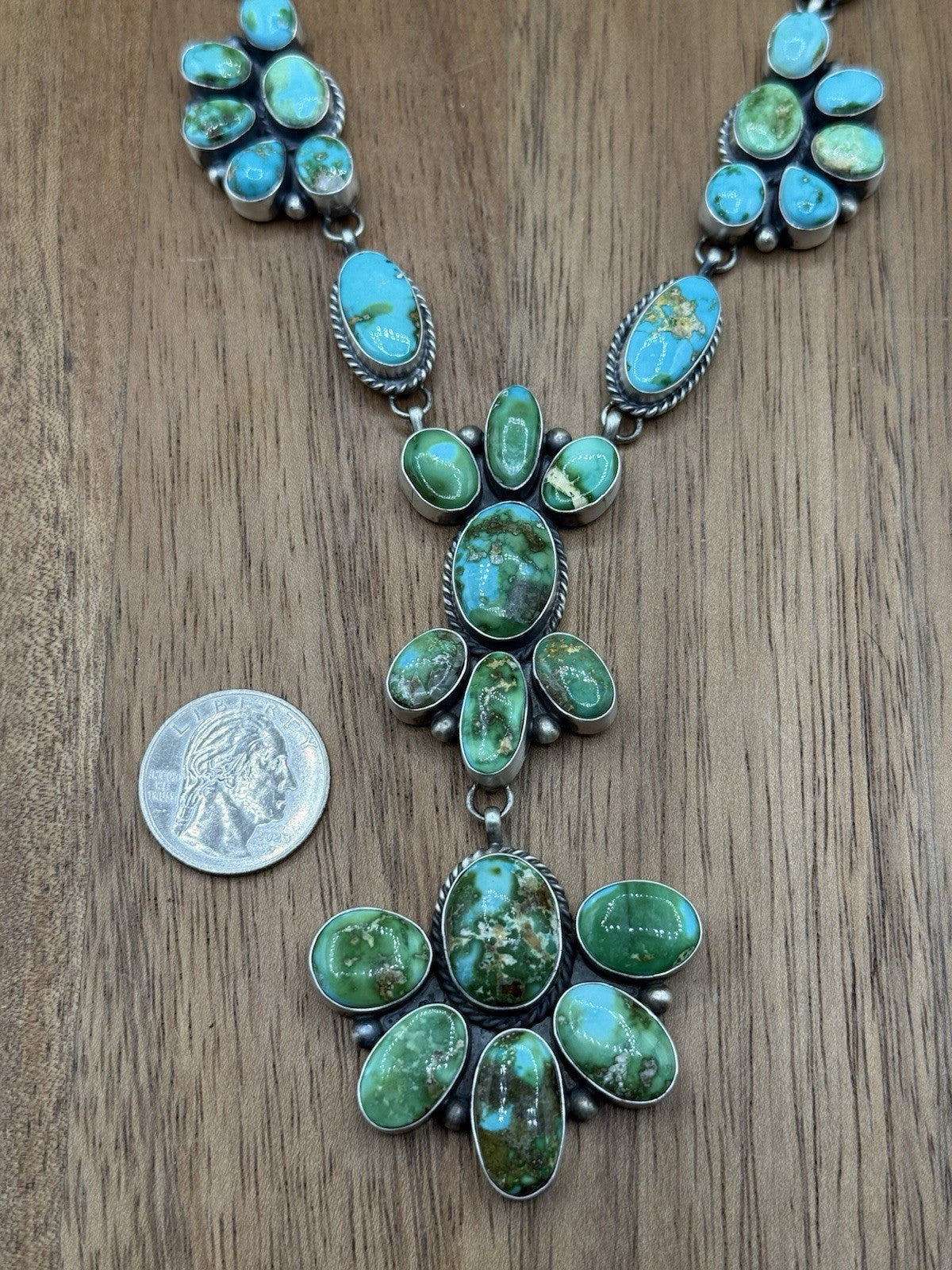 Navajo Handmade Sterling Silver Sonoran Turquoise Cluster Lariat Necklace 24”