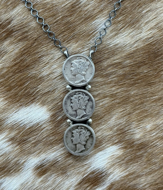 Navajo Handmade Sterling Silver Liberty Dime Cluster Bar Lariat Necklace 18”