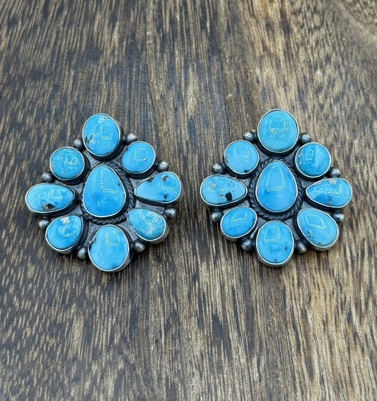 Navajo Handmade Sterling Silver Blue Ridge Turquoise Cluster Post Large Earrings