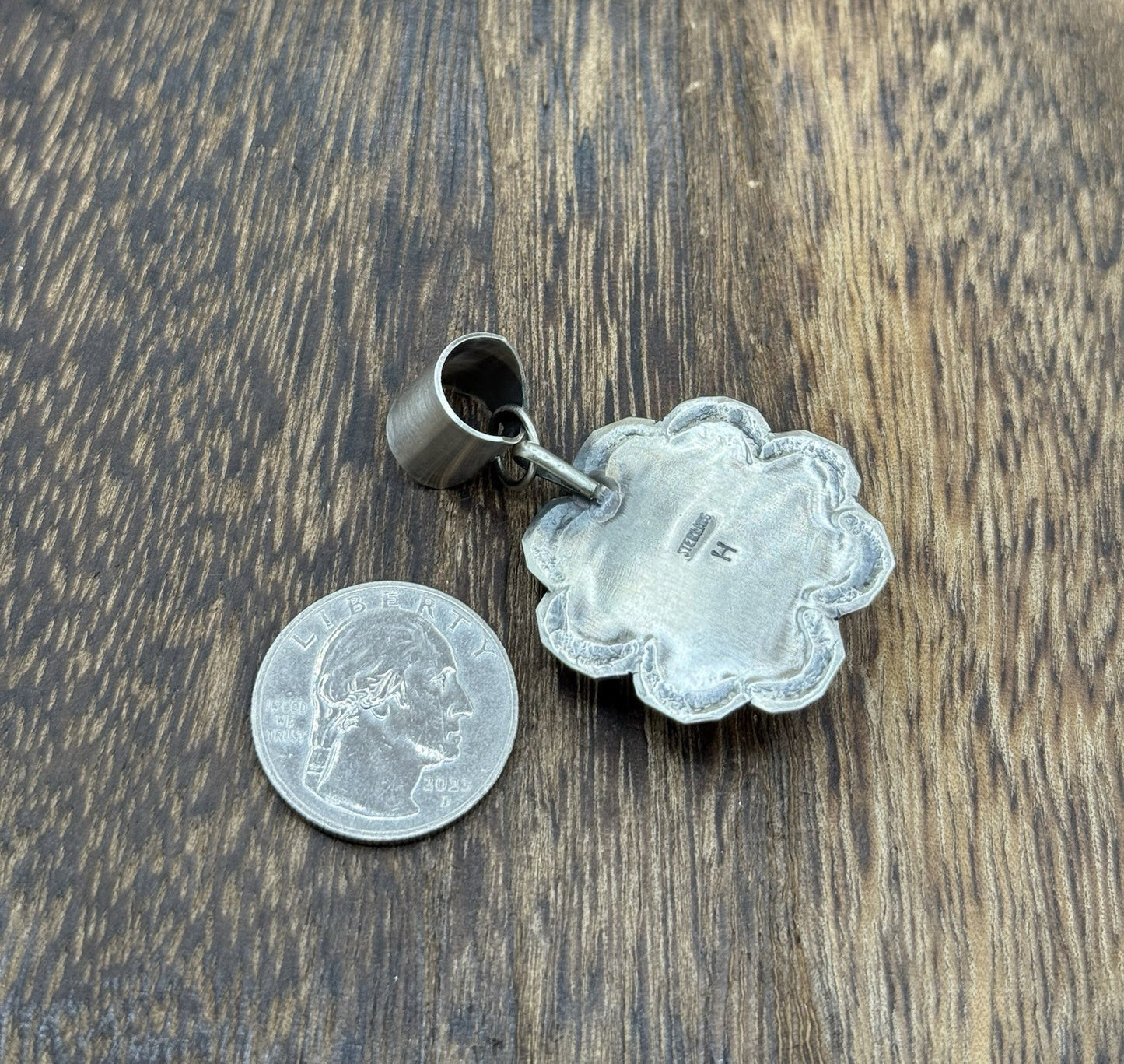 Navajo Handmade Sterling Silver Royston Turquoise Stamped Design Drop Pendant