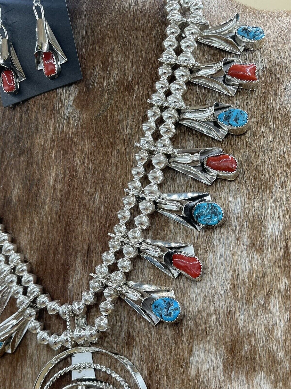 Native American Navajo Handmade Turquoise And Red Coral Squash Blossom Necklace