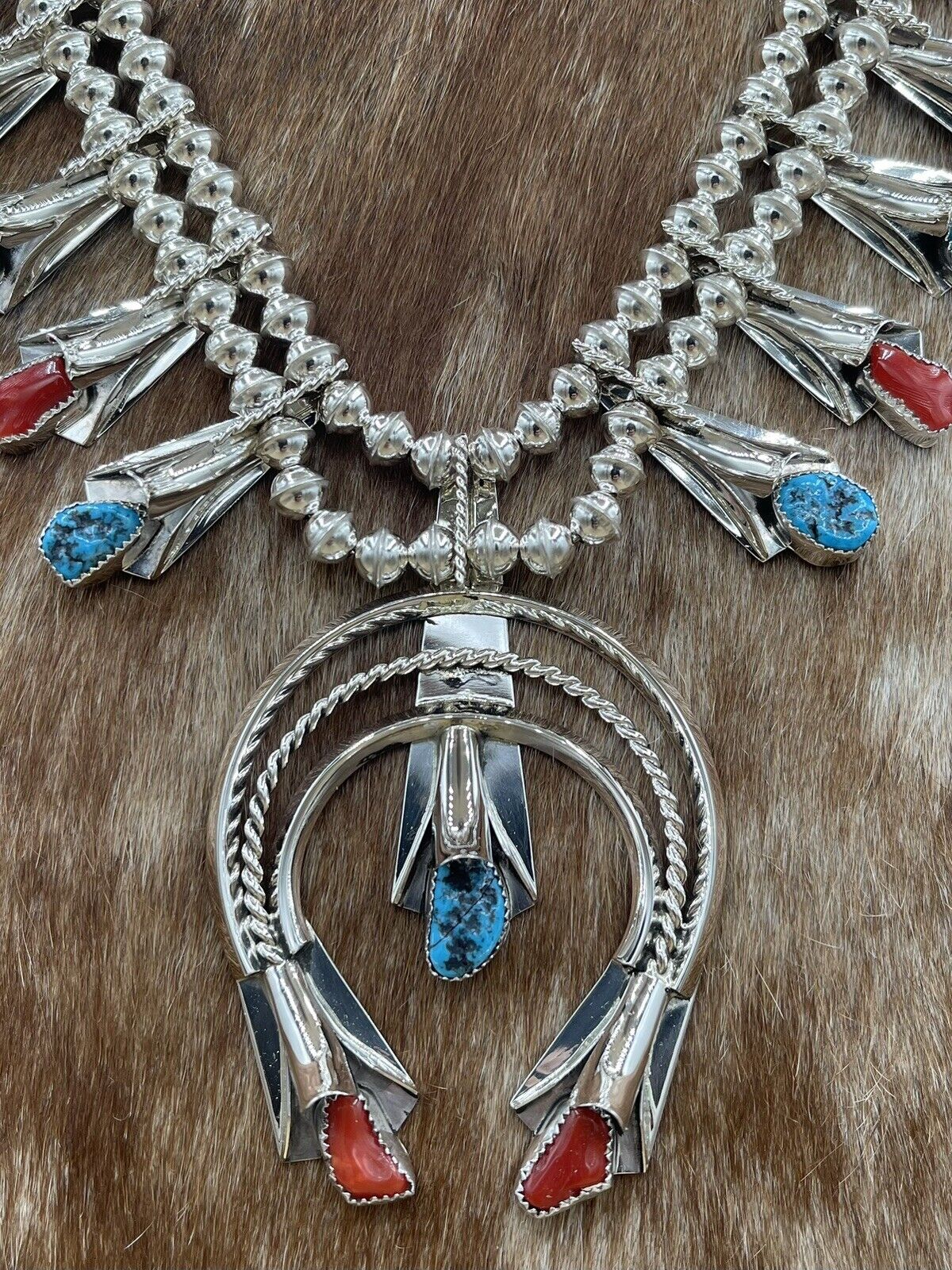 Native American Navajo Handmade Turquoise And Red Coral Squash Blossom Necklace