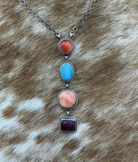 Navajo Handmade Sterling Silver Multi Color Mixed Stone Lariat Necklace 18”