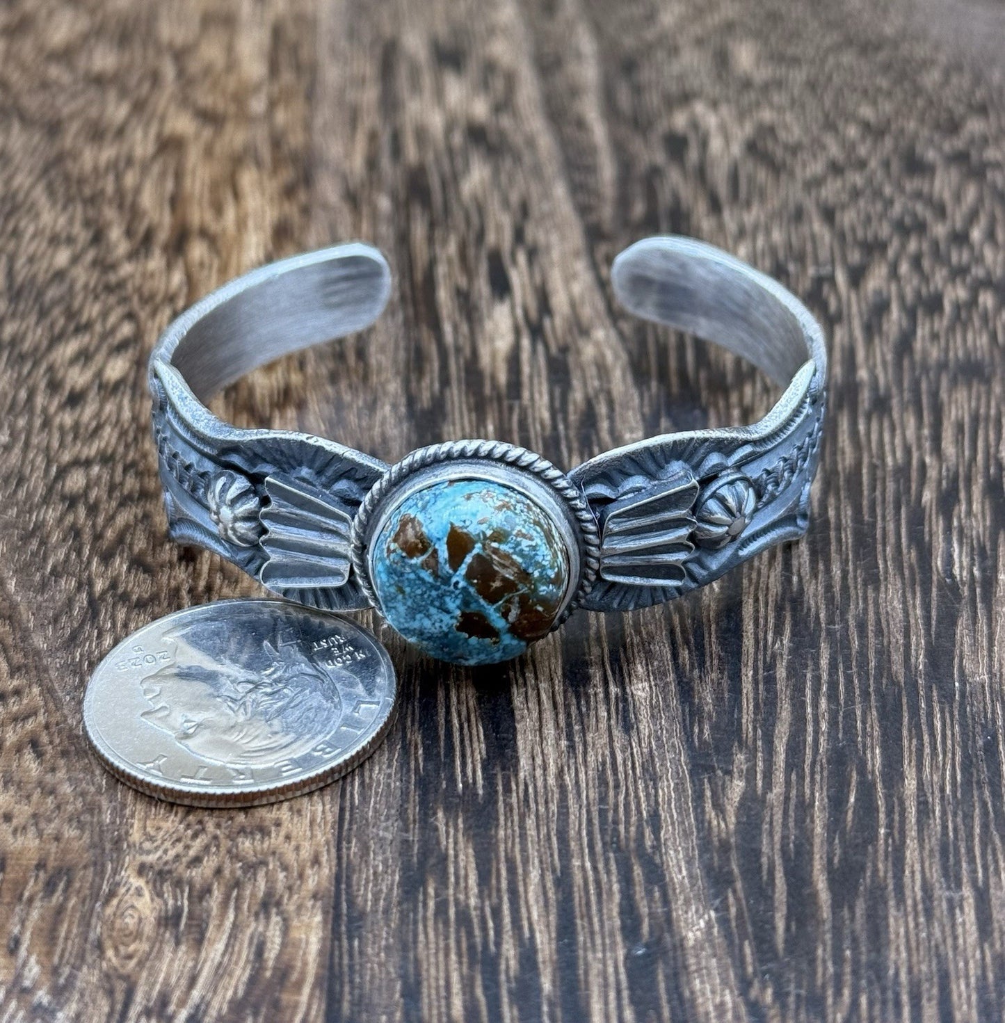 Navajo Handmade Sterling Silver Royston Turquoise Old look Cast Bracelet
