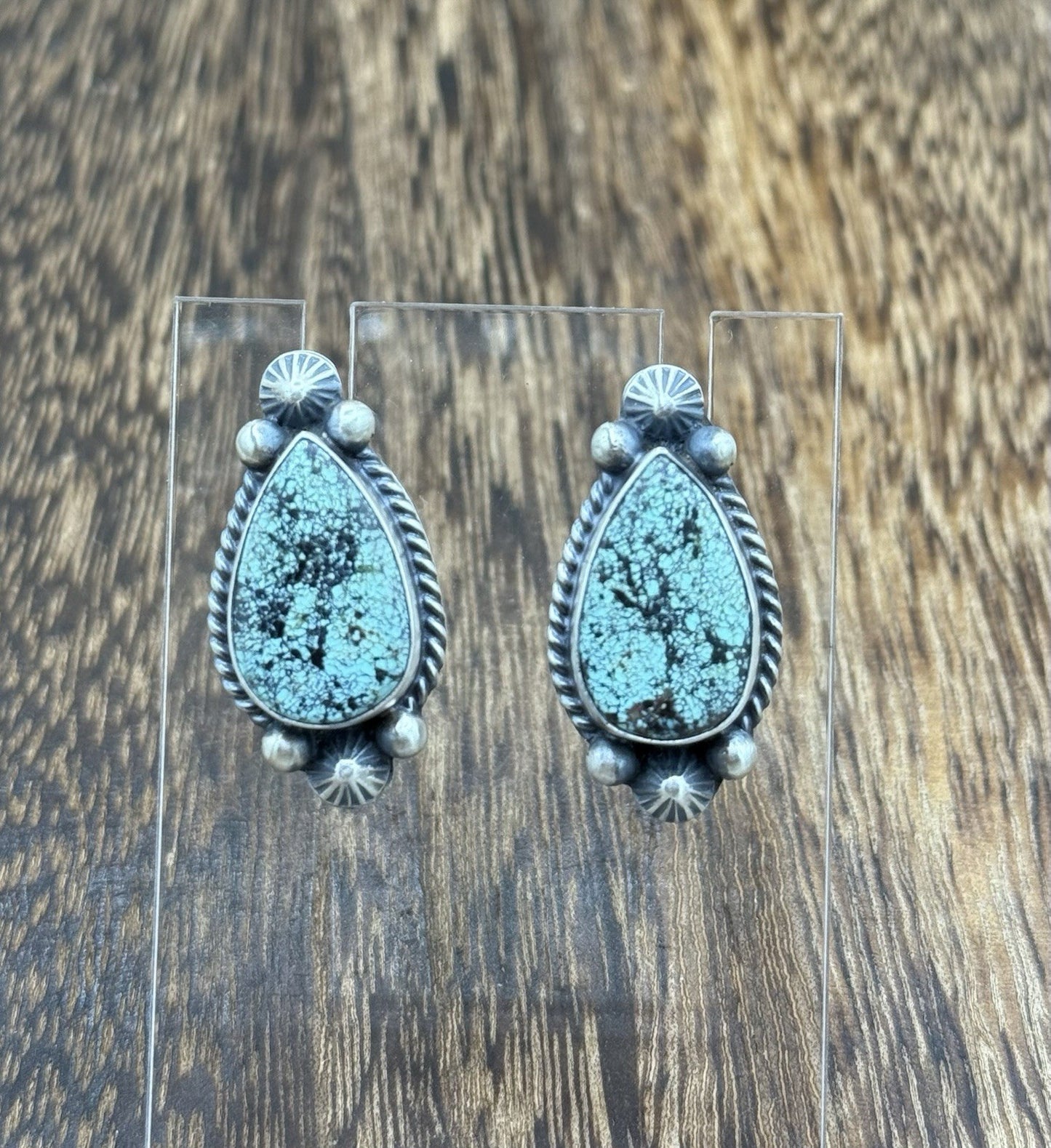 Navajo Handmade Sterling Silver Blackjack Turquoise Old Look Post Stud Earrings