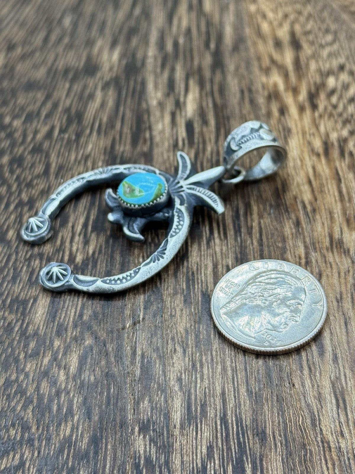 Navajo Handmade Sterling Silver Old Look Sonoran Gold Turquoise Naja Pendant
