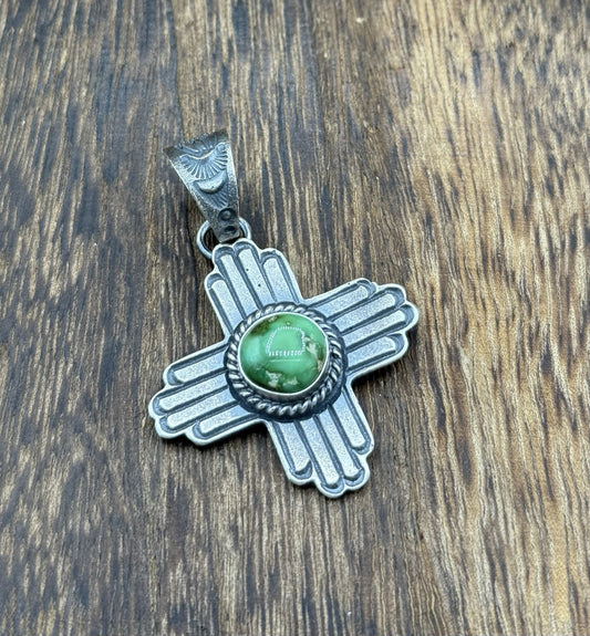 Navajo Handmade Sterling Silver Old Look Sonoran Gold Turquoise Zia Pendant