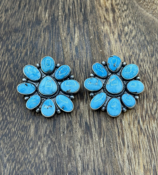 Navajo Handmade Sterling Silver Blue Ridge Turquoise Cluster Post Large Earrings