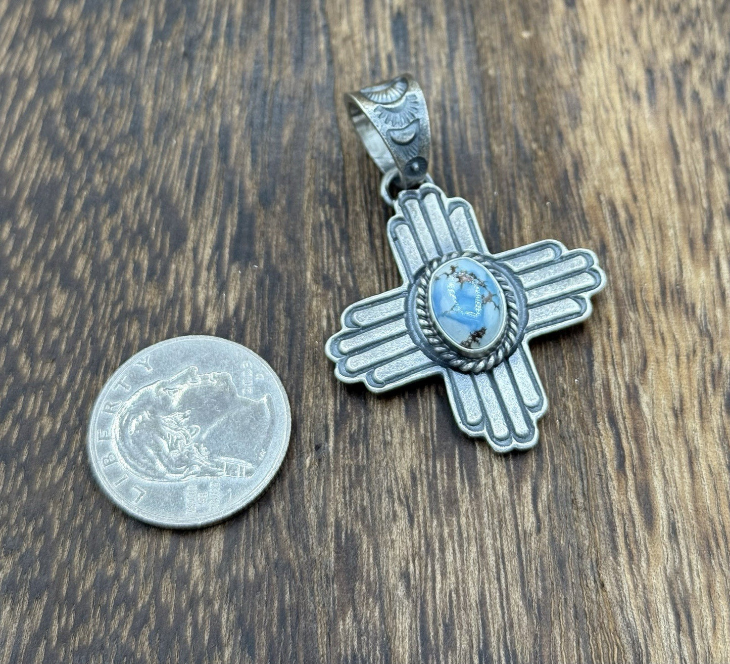Navajo Handmade Sterling Silver Old Look Golden Hills Turquoise Zia Pendant
