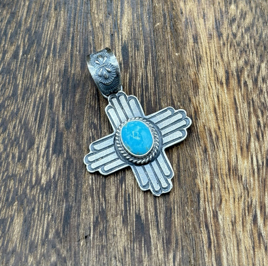Navajo Handmade Sterling Silver Old Look Kingman Turquoise Zia Pendant Kevin B.