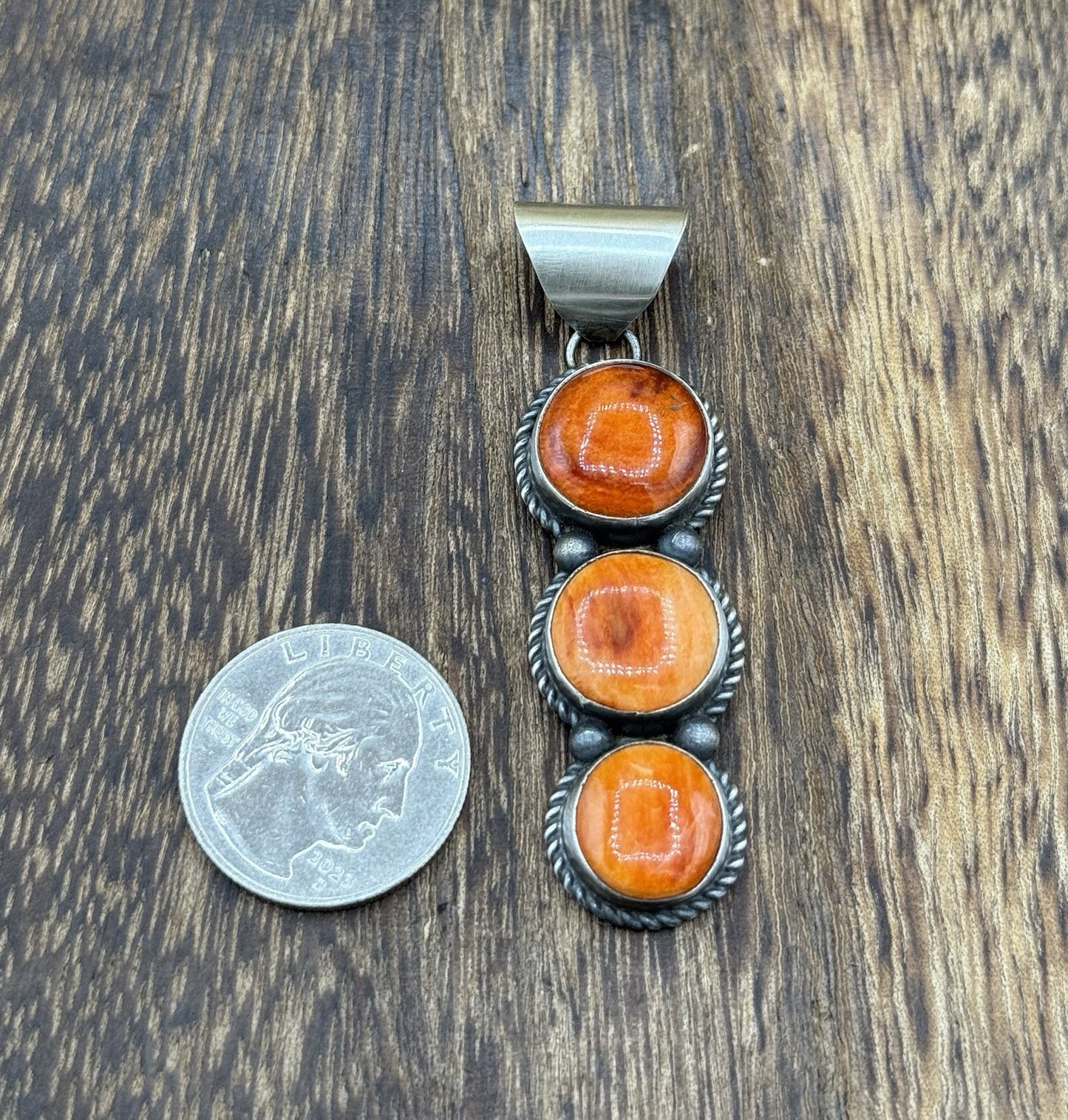 Navajo Handmade Sterling Silver Orange Spiny Oyster Cluster Drop Pendant