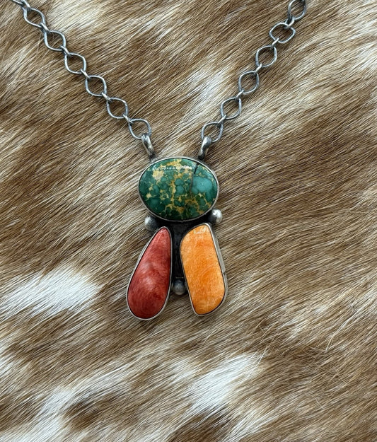 Navajo Handmade Sterling Silver Multi stone Turquoise  Cluster Bar Necklace 18”