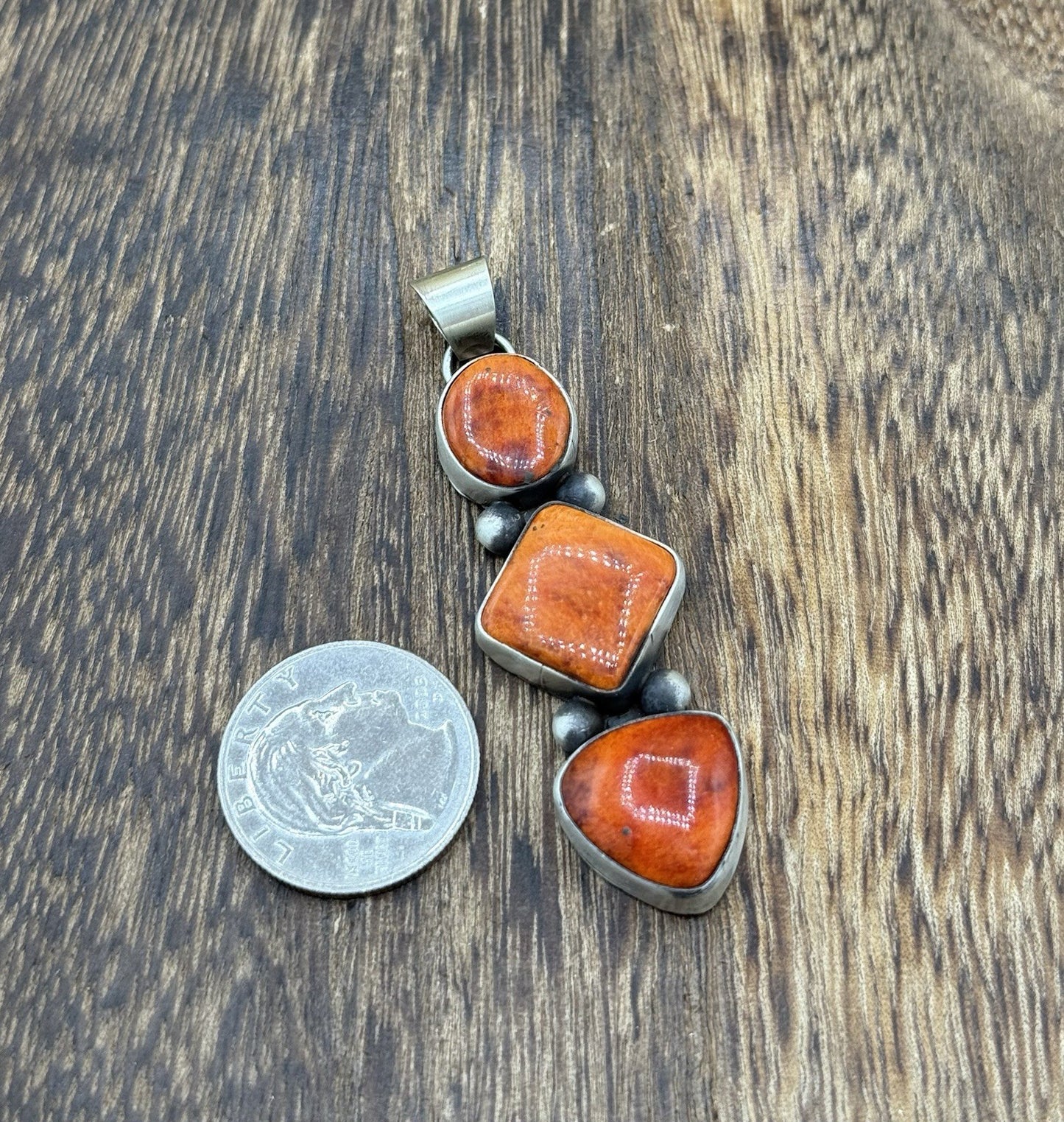 Navajo Handmade Sterling Silver Orange Spiny Oyster Shell Cluster Drop Pendant