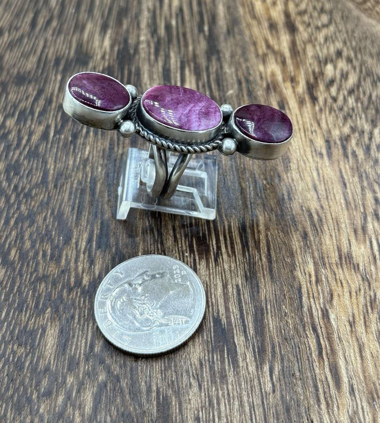Navajo Handmade Sterling Silver Purple Spiny Oyster Shell Cluster Ring Size 9