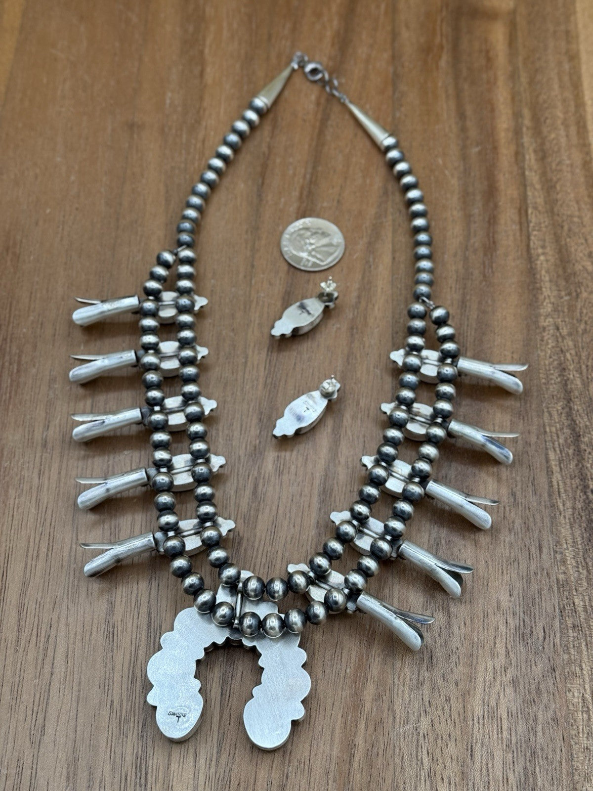 Navajo Handmade Sterling Silver Kingman Turquoise Squash Blossom Necklace 20”