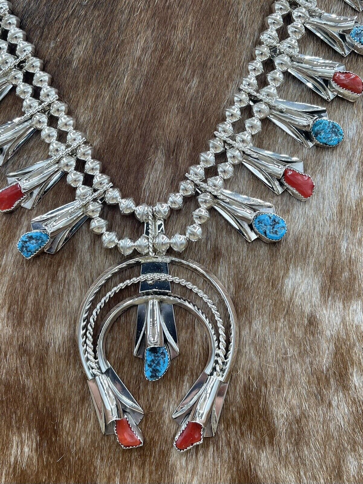 Native American Navajo Handmade Turquoise And Red Coral Squash Blossom Necklace