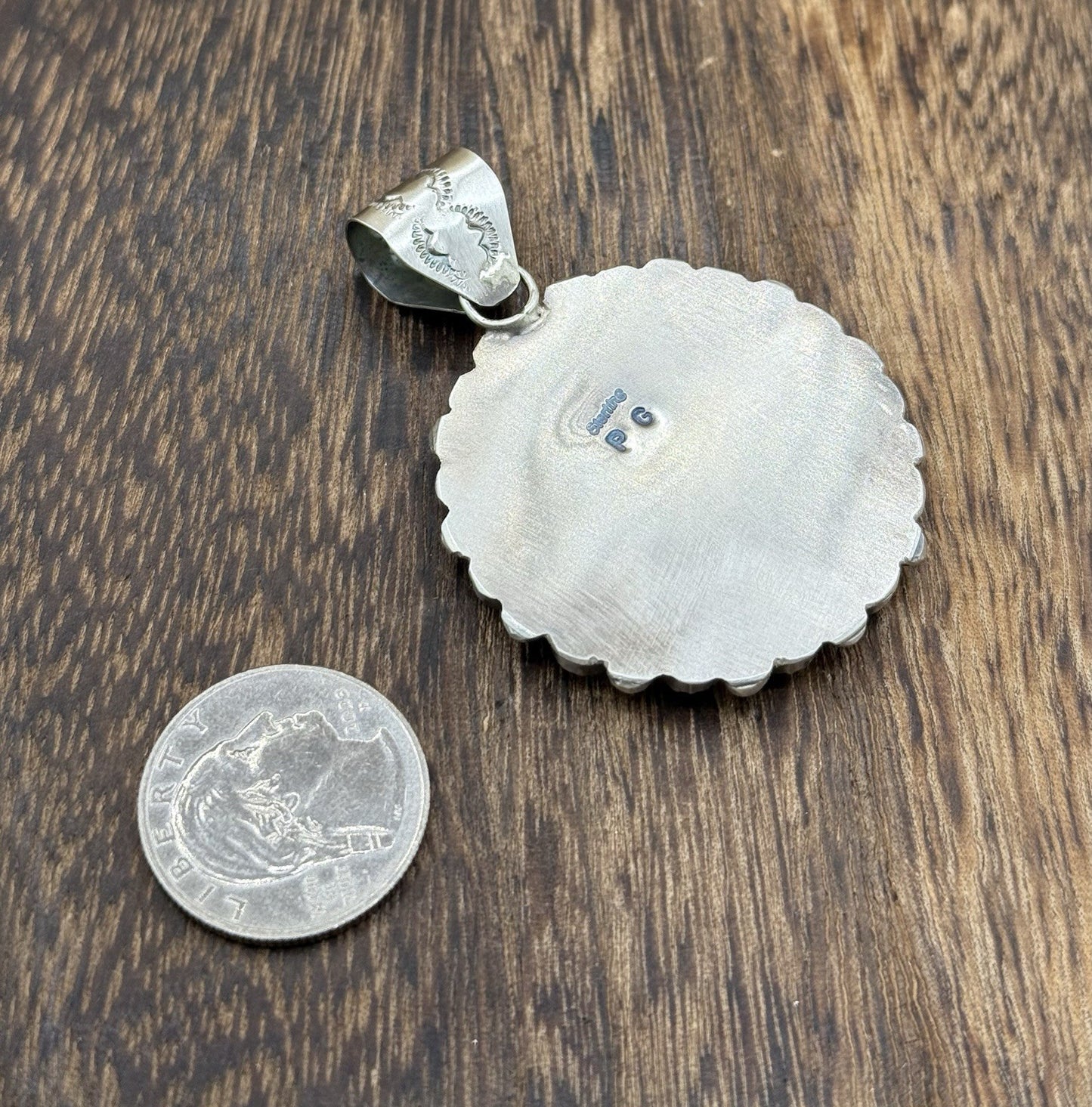 Navajo Handmade Sterling Silver White Fire Opal Cluster Buffalo Coin Pendant