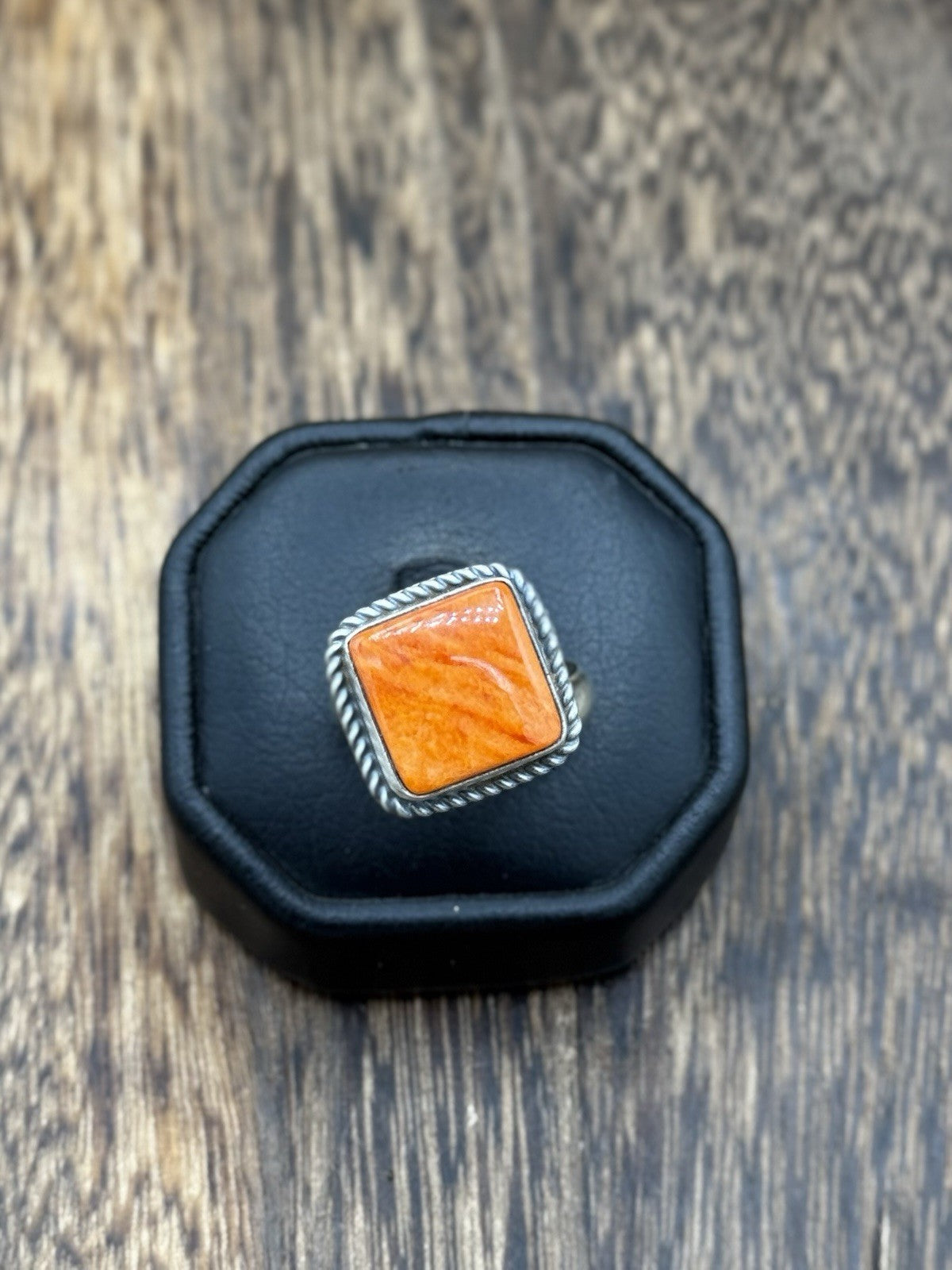 Navajo Handmade Sterling Silver Orange Spiny Oyster Adjustable Ring Size 7 - 10