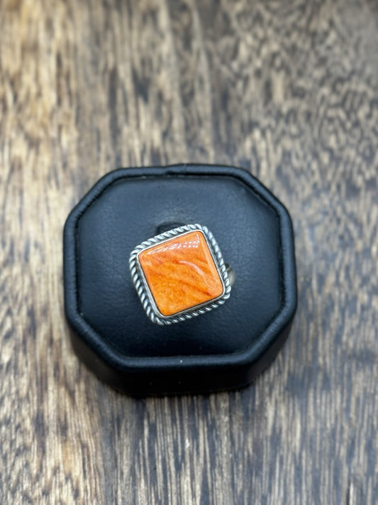 Navajo Handmade Sterling Silver Orange Spiny Oyster Adjustable Ring Size 7 - 10