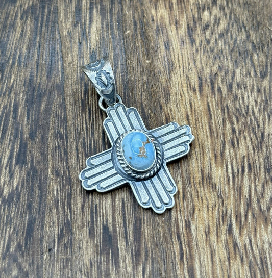 Navajo Handmade Sterling Silver Old Look Golden Hills Turquoise Zia Pendant