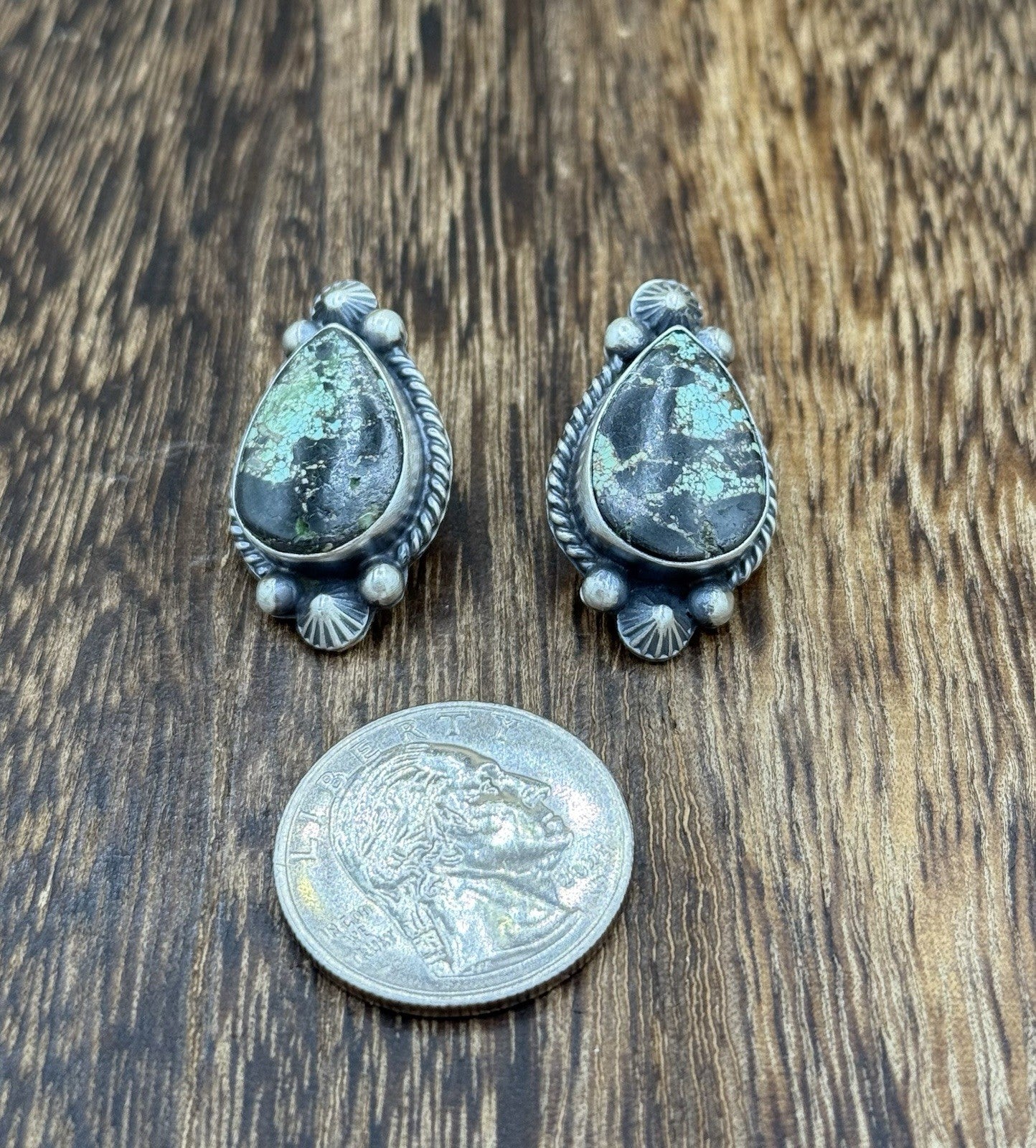 Navajo Handmade Sterling Silver Blackjack Turquoise Old Look Post Stud Earrings