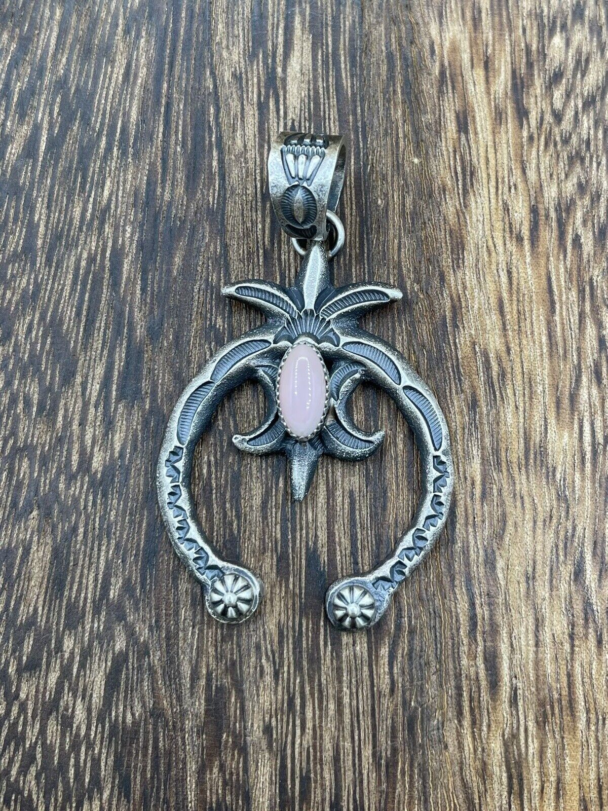 Native American Indian Navajo Handmade Silver Old Look Pink Concho Naja Pendant