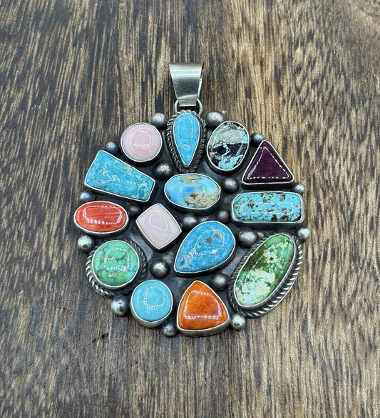 Navajo Handmade Sterling Silver Mixed Turquoise Spiny Large Cluster Pendant