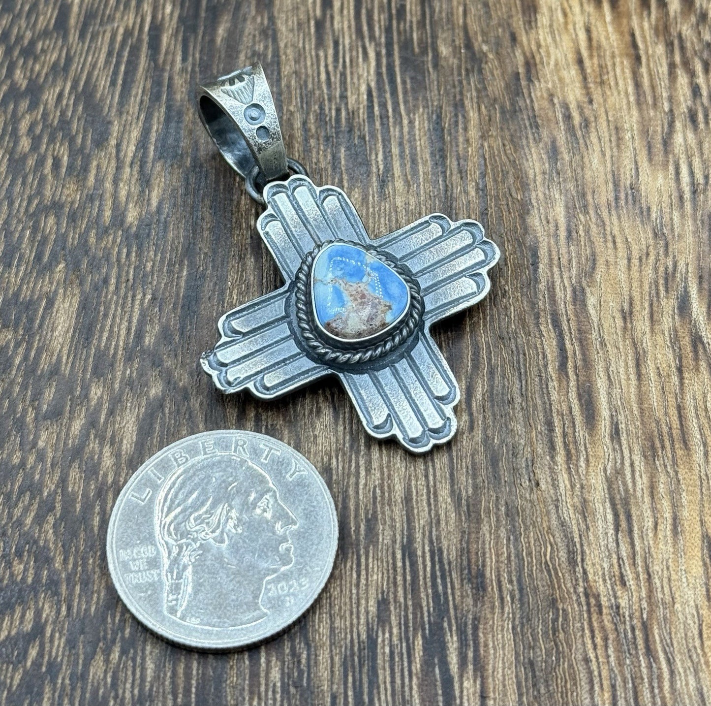 Navajo Handmade Sterling Silver Old Look Golden Hills Turquoise Zia Pendant