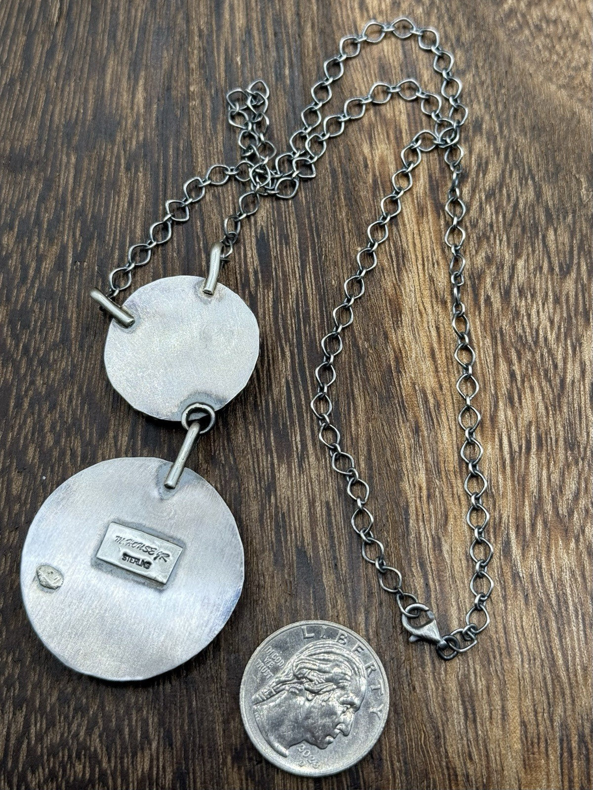 Navajo Handmade Sterling Silver Kingman Turquoise Cluster Bar Necklace 18”