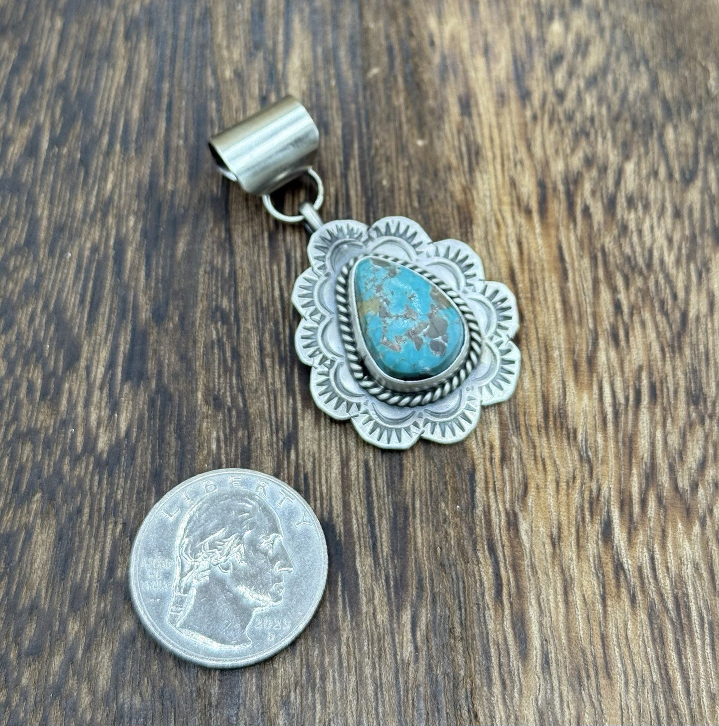 Navajo Handmade Sterling Silver Royston Turquoise Stamped Design Drop Pendant