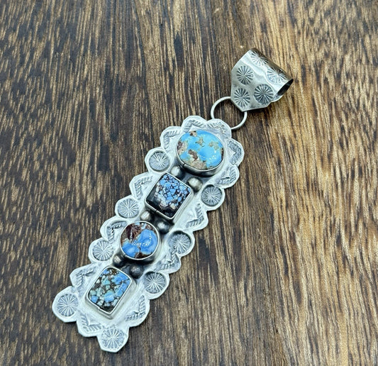 Navajo Handmade Sterling Silver Golden Hills Turquoise Stamped Drop Pendant