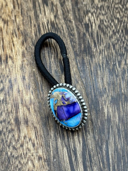 Native Navajo Handmade Sterling Silver Violet Rose & Blue Dahlia Hair Tie