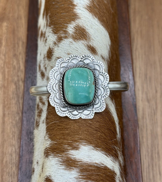 Native Navajo Handmade Sterling Silver Kingman Turquoise Cuff Stamped Bracelet